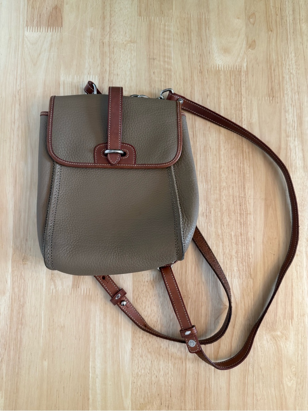 Dooney & Bourke Taupe Pebble Leather Backpack with Brown Trim